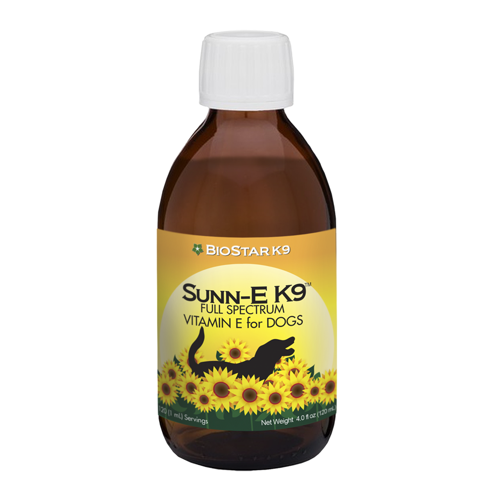 Bottle of BioStar Sunn-E K9, full-spectrum vitamin E oil with 546 IU per ml for dogs