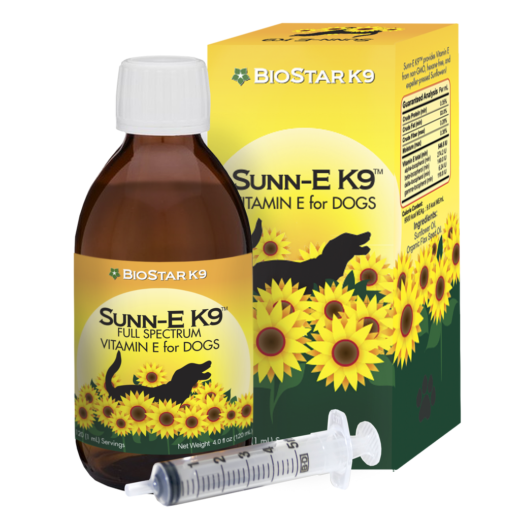 BioStar Sunn-E K9 vitamin E oil for dogs, shown with its box, 4 oz bottle and syringe