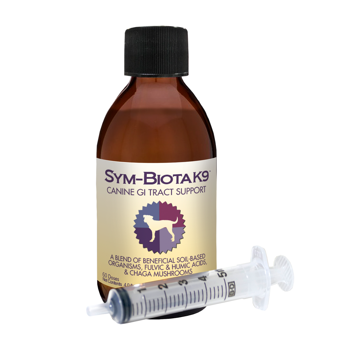 Bottle and syringe of BioStar Sym-Biota K9, given by mouth or on top of a meal