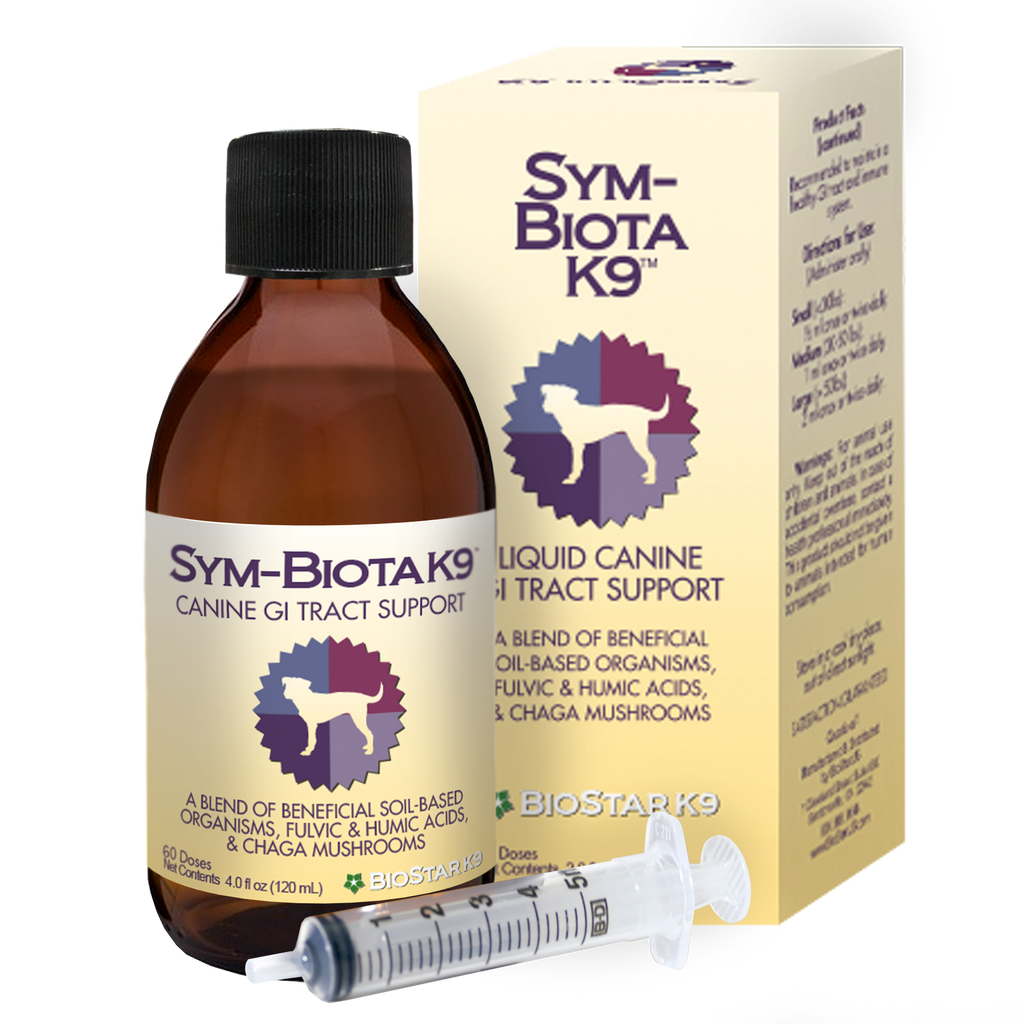 BioStar Sym-Biota K9 liquid probiotic for dogs, shown with its box, 4 fl oz bottle and syringe