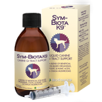 BioStar Sym-Biota K9 liquid probiotic for dogs, shown with its box, 4 fl oz bottle and syringe