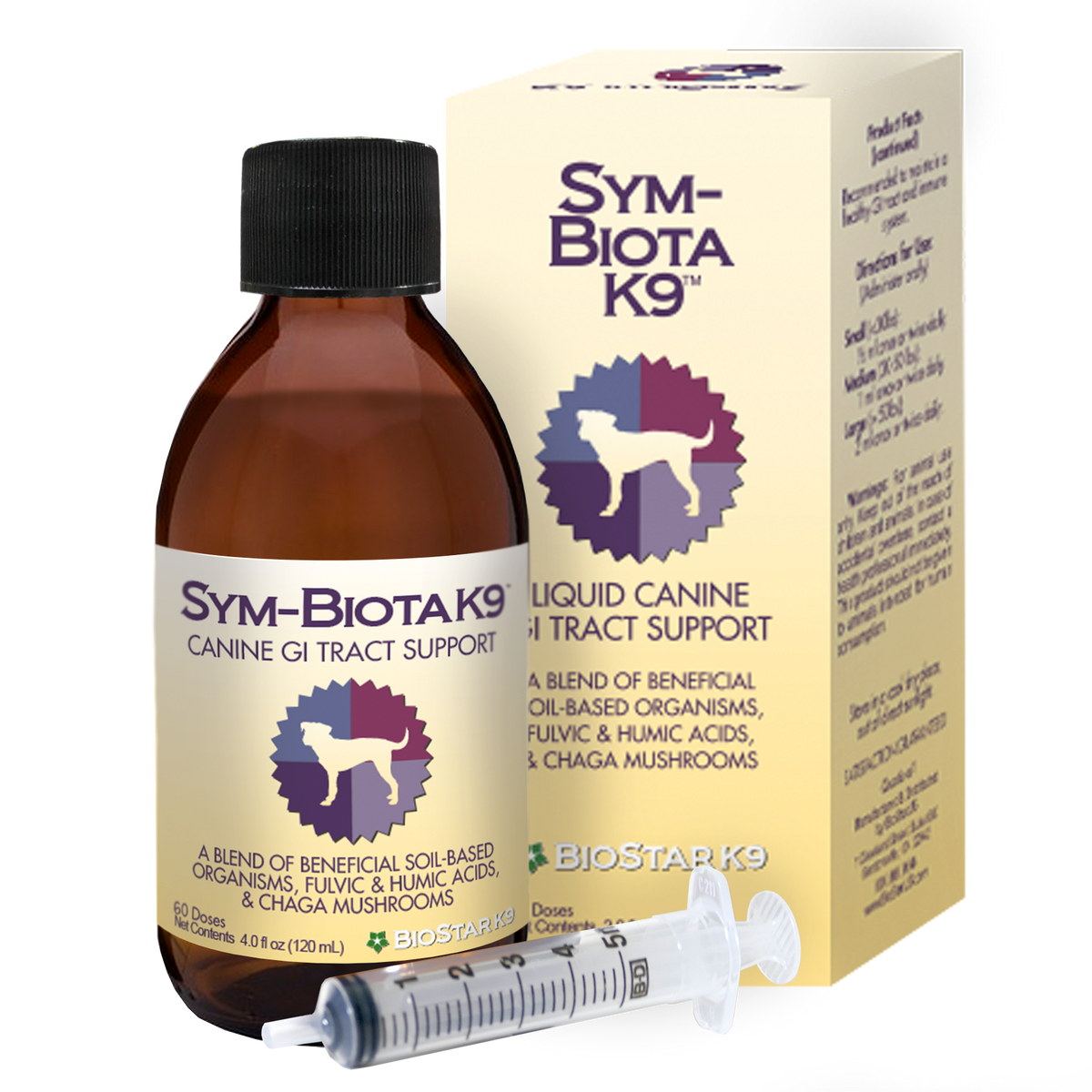 BioStar Sym-Biota K9 liquid probiotic for dogs, shown with its box, 4 fl oz bottle and syringe