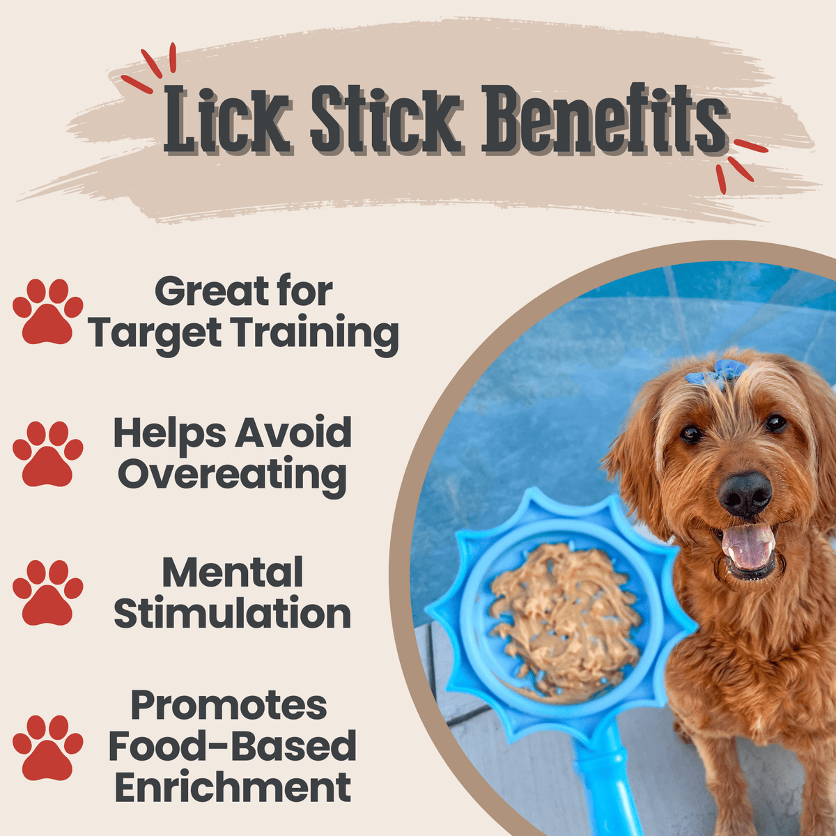 Benefits graphic for the Blue Flower lick stick, an interactive lick toy for dogs of all sizes