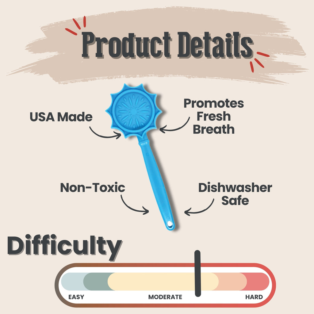 Product details for the Blue Flower lick stick by SodaPup, about 11.5 x 4 inches