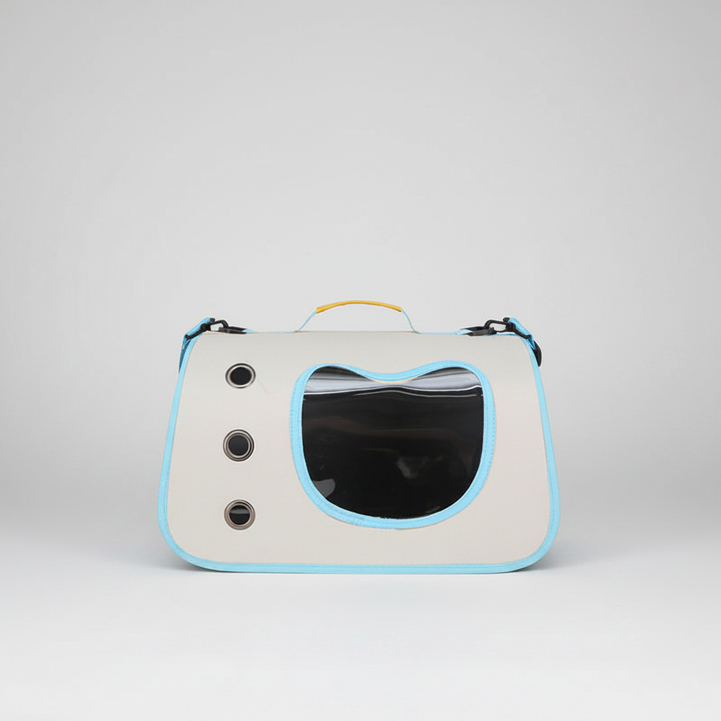 Blue-Grey bubble window pet backpack that also carries by handle or crossbody strap