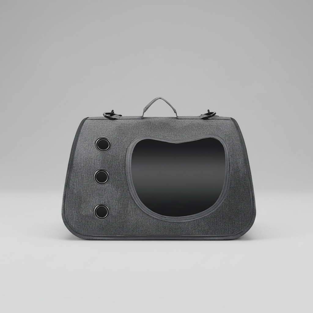 Dark-Grey pet carrier backpack in Oxford fabric with a clear polycarbonate window