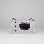 Grey-Pink pet carrier backpack with a clear panoramic bubble window and mesh vents
