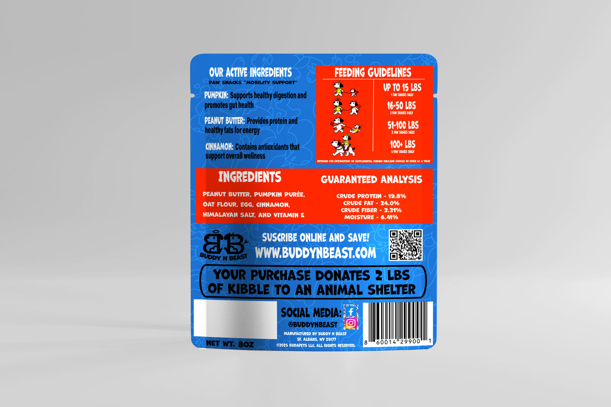 Back of the Buddy N Beast Paw Snacks Regular bag, crunchy dog treats made in the USA