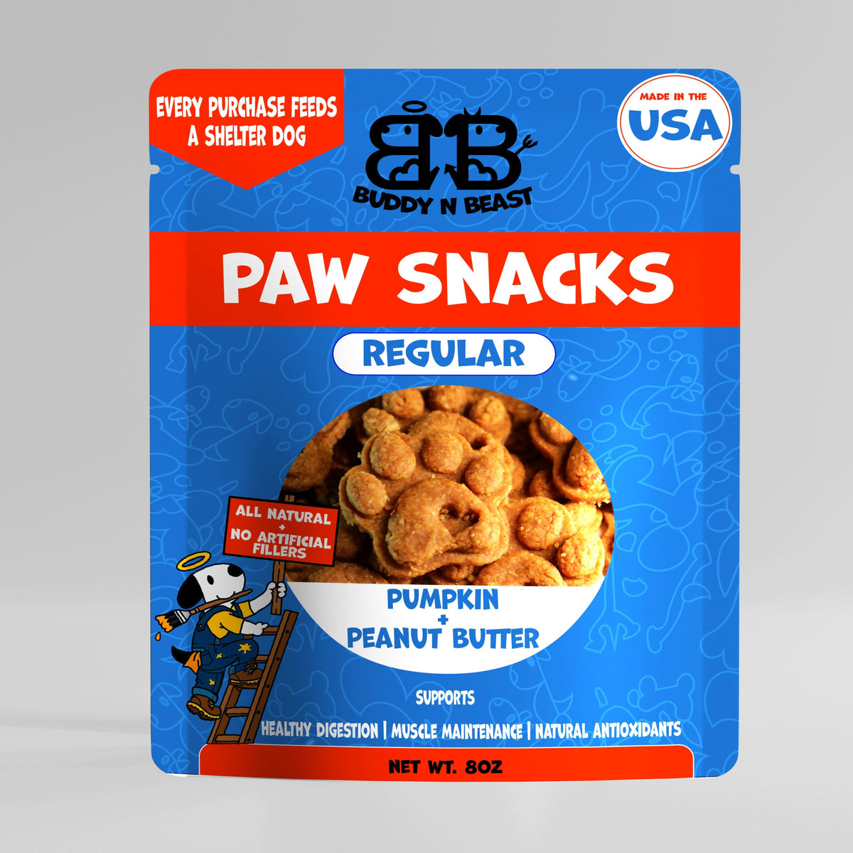 Front of the 8 oz Buddy N Beast Paw Snacks Regular bag, pumpkin and peanut butter dog treats