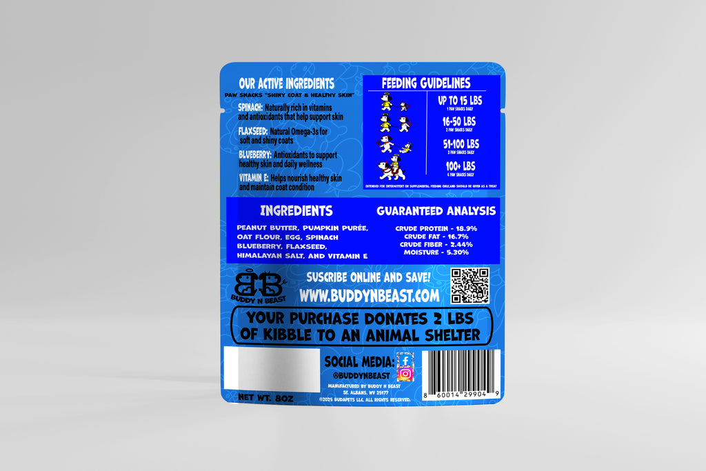 Back of the Buddy N Beast Skin and Coat Paw Snacks bag, crunchy dog treats slow-baked in the USA