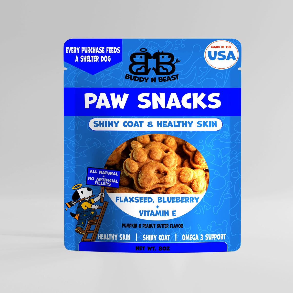 Front of the 8 oz Buddy N Beast Paw Snacks Shiny Coat and Healthy Skin dog treat bag