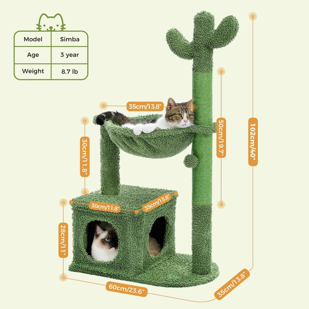 Green cactus cat tree with a cozy condo where indoor cats can hide and nap