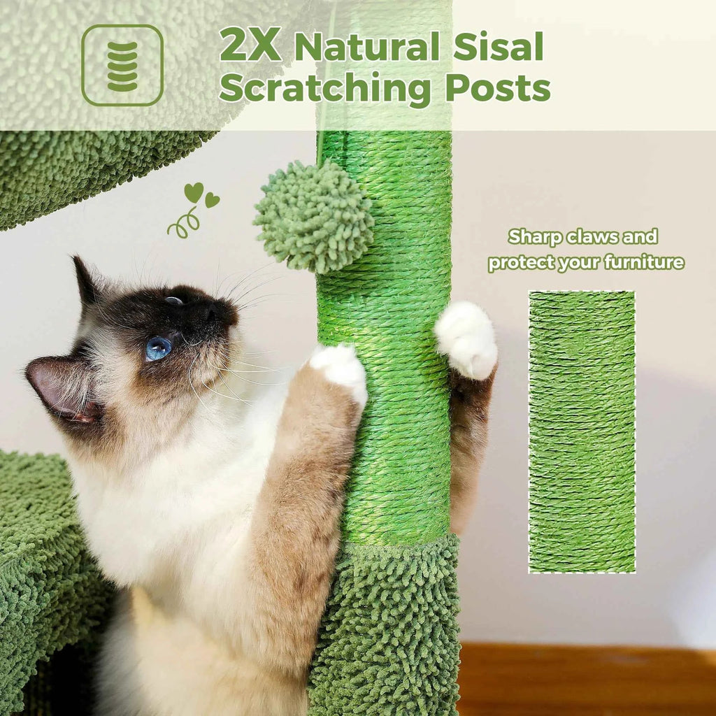Cactus cat tower in green with a hammock for lounging and a built-in scratching post