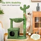 Small green cactus-design cat tower with a hanging ball toy for batting play