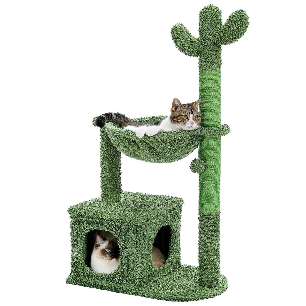 Size M green cactus cat tree that gives indoor cats a spot to scratch, play and rest