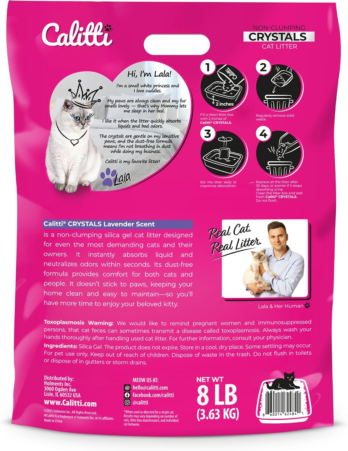 Back view of Calitti Crystals lavender silica cat litter with purple granules