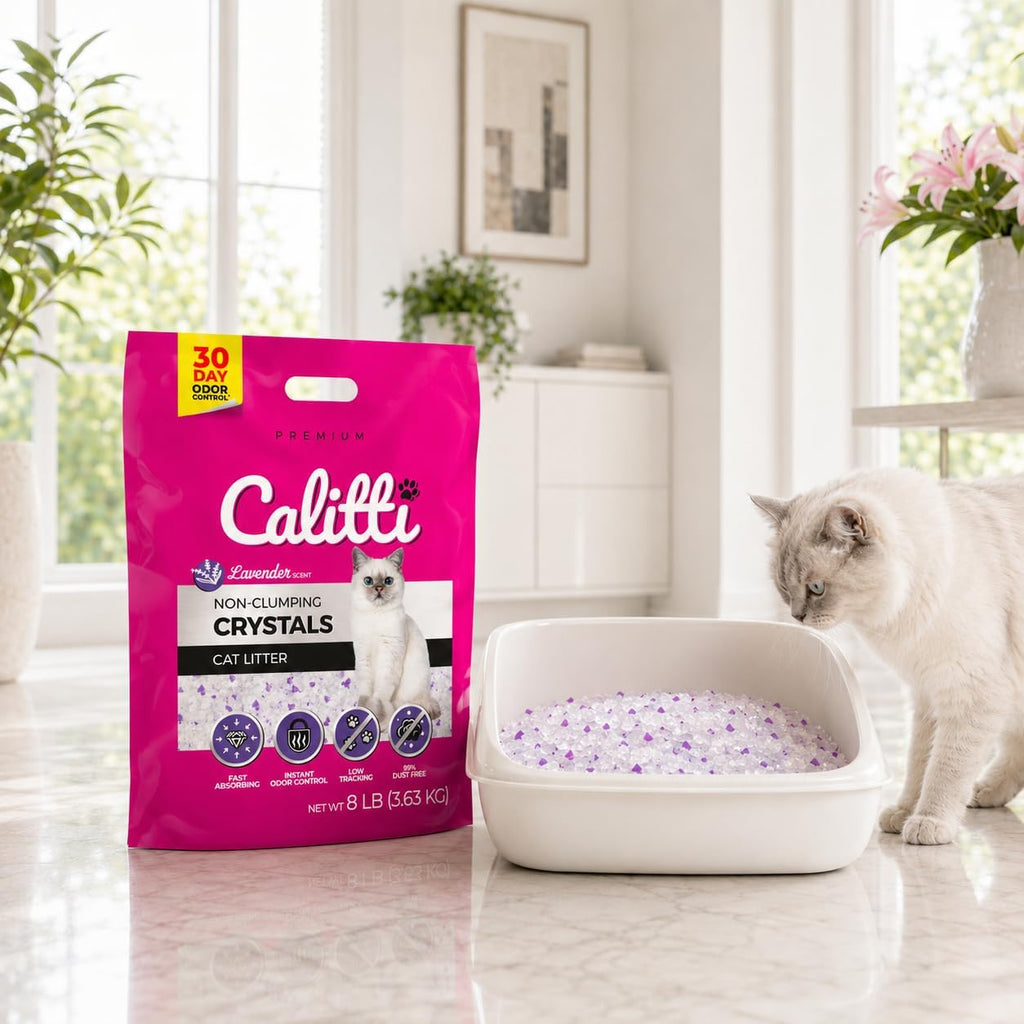 Calitti lavender crystal cat litter: purple silica granules with a mild lavender scent