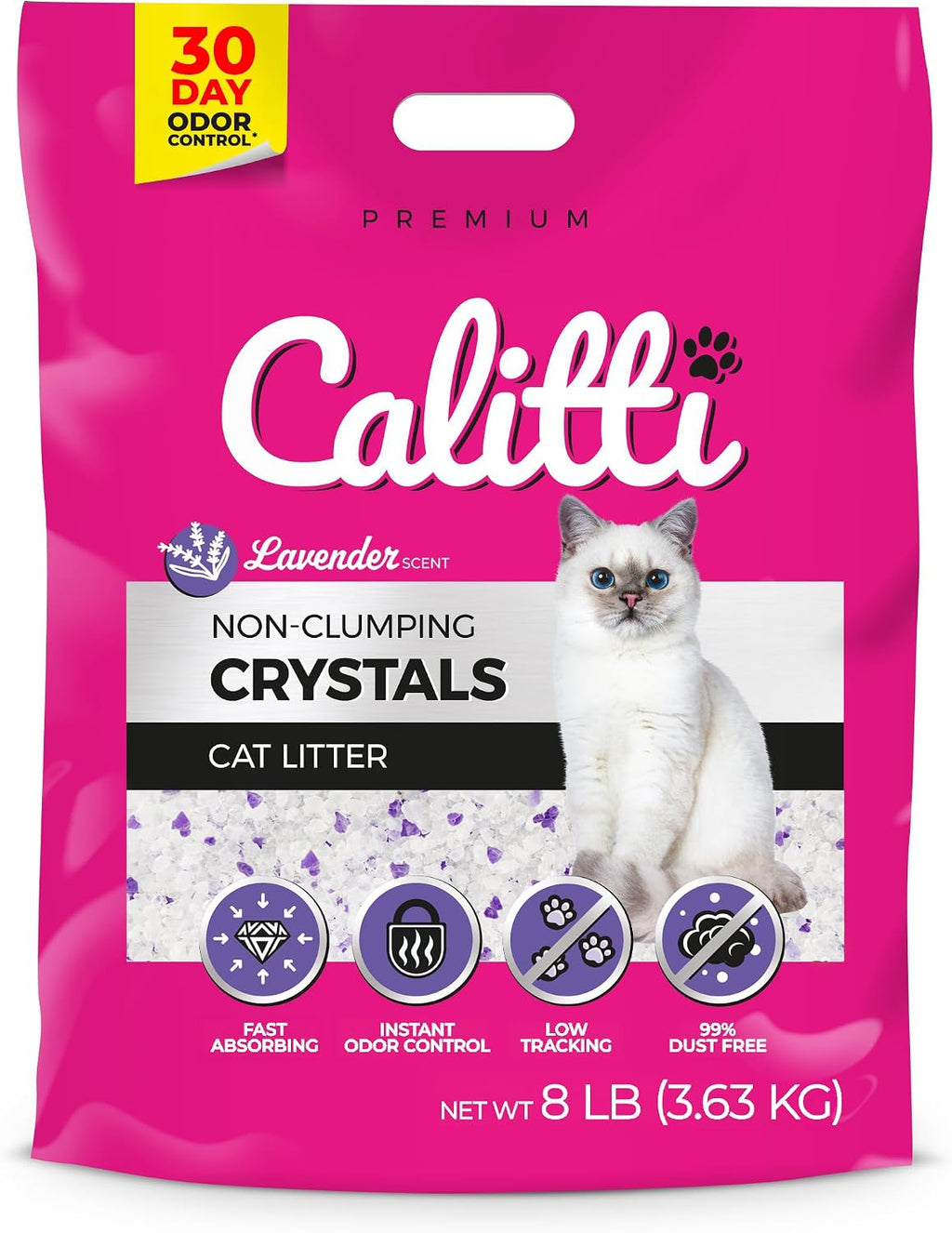 Calitti Crystals lavender-scented silica cat litter with purple granules, 8 lb