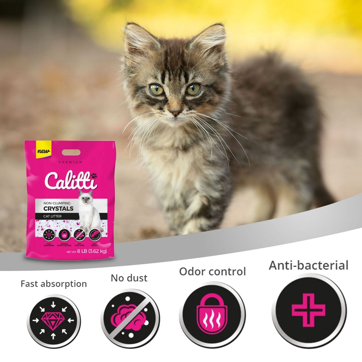 Unscented Calitti Crystals silica gel cat litter with pink granules, 99% dust free