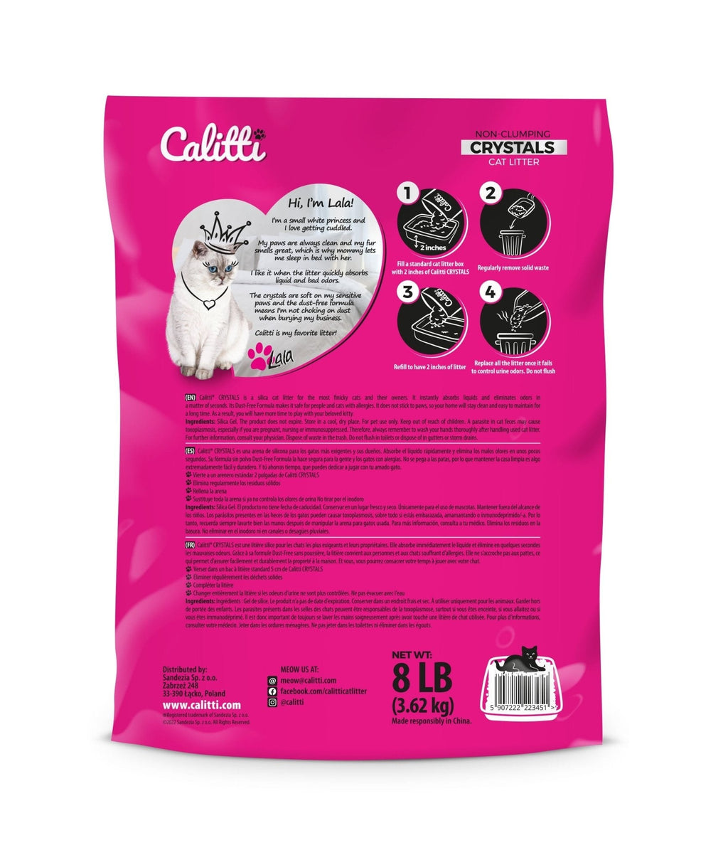 Pink-granule Calitti Crystals cat litter, unscented silica crystals that absorb moisture fast