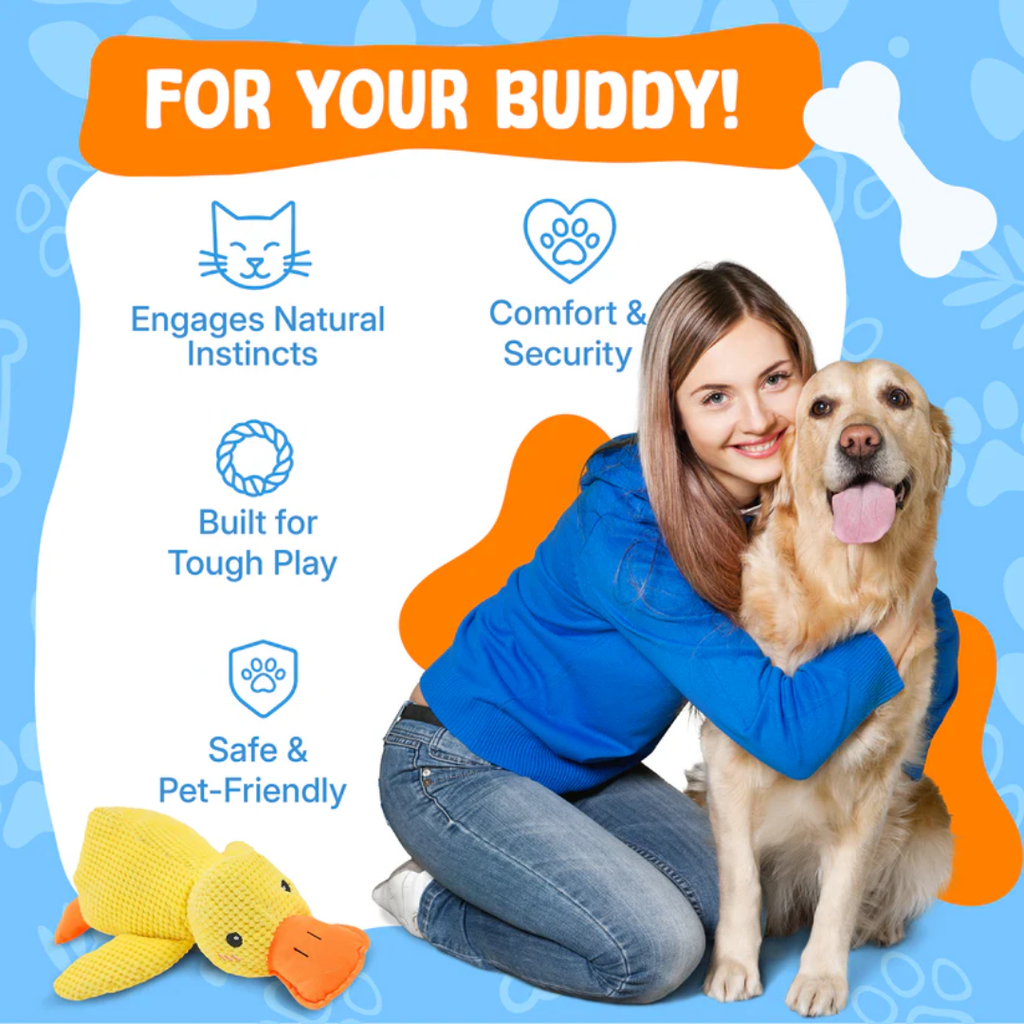 Woman hugging a golden retriever beside a calming duck dog toy, with icons for comfort, safety, and tough play