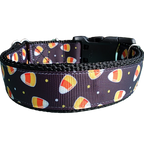 Candy Corn Halloween dog collar by Doot's Pet, handmade nylon with a scattered candy corn print