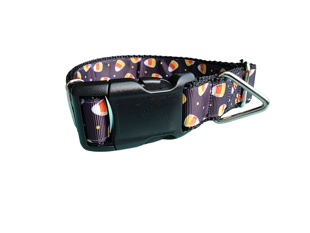 Handmade candy corn Halloween nylon dog collar with YKK side-release buckle and welded triangle ring