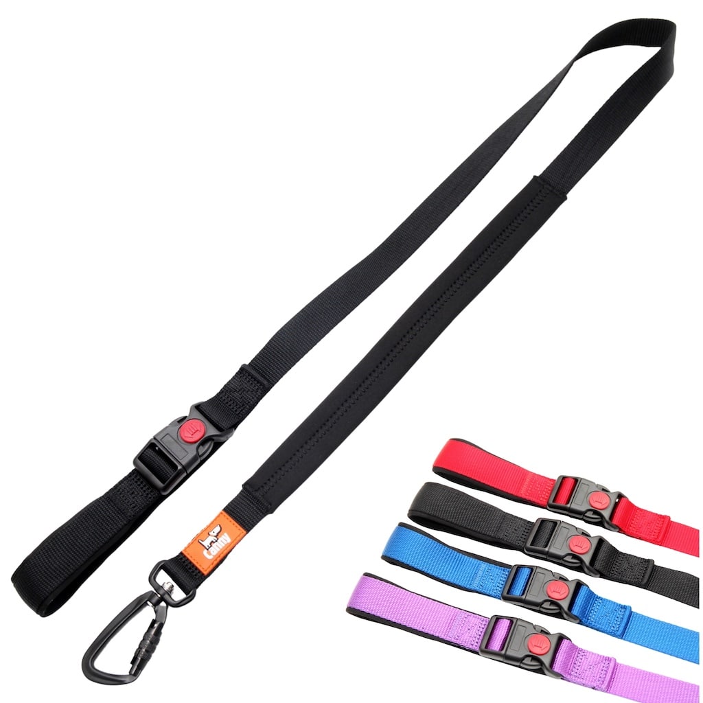 Black Canny Connect leash with a locking carabiner, 4 ft long for medium and large dogs