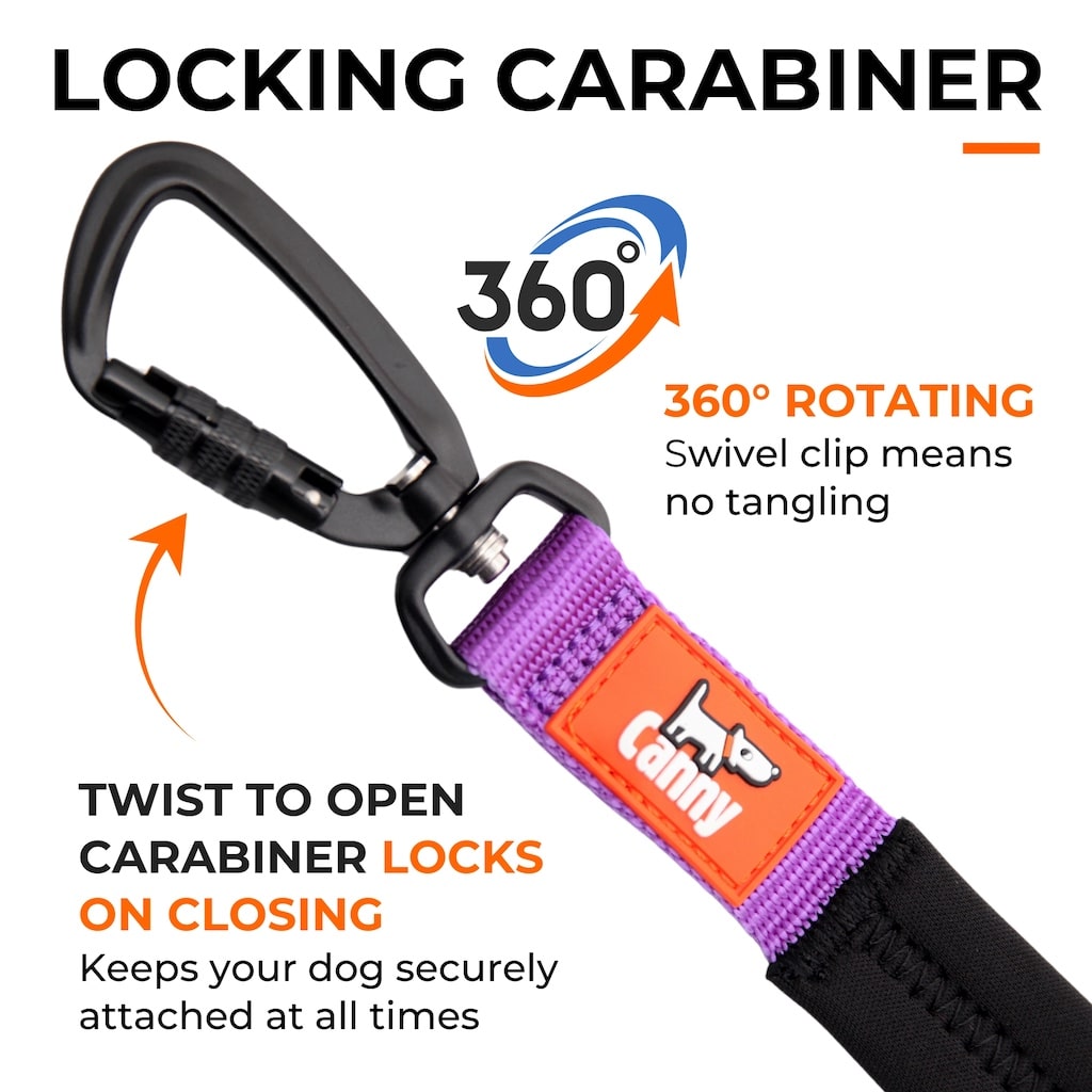Aluminum self-locking carabiner option on the Canny Connect leash, swiveling 360 degrees