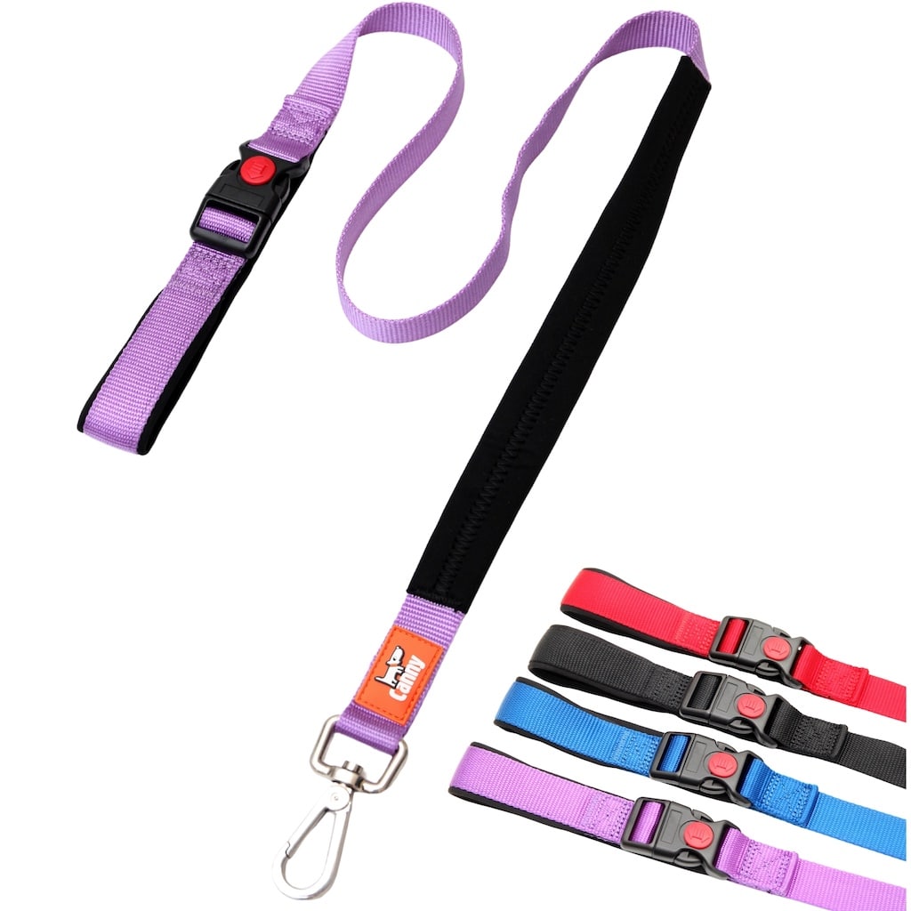 Purple Canny Connect 1 inch dog leash with a padded neoprene handle and steel clip