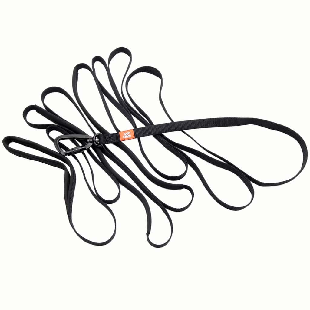 Black 15 ft Canny Long Training Line with a locking carabiner, 5/8 in wide for puppies and small dogs