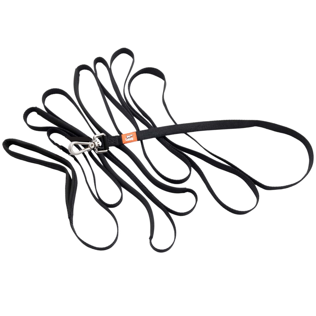 Black 15 ft by 5/8 in Canny Long Training Line with a brushed steel trigger clip for small breeds