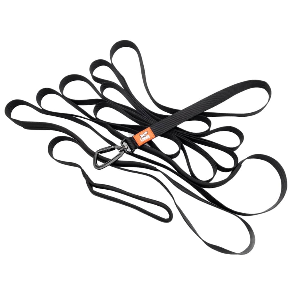 Black 23 ft Canny Long Training Line, 1 in wide, with a locking carabiner for medium to large dogs