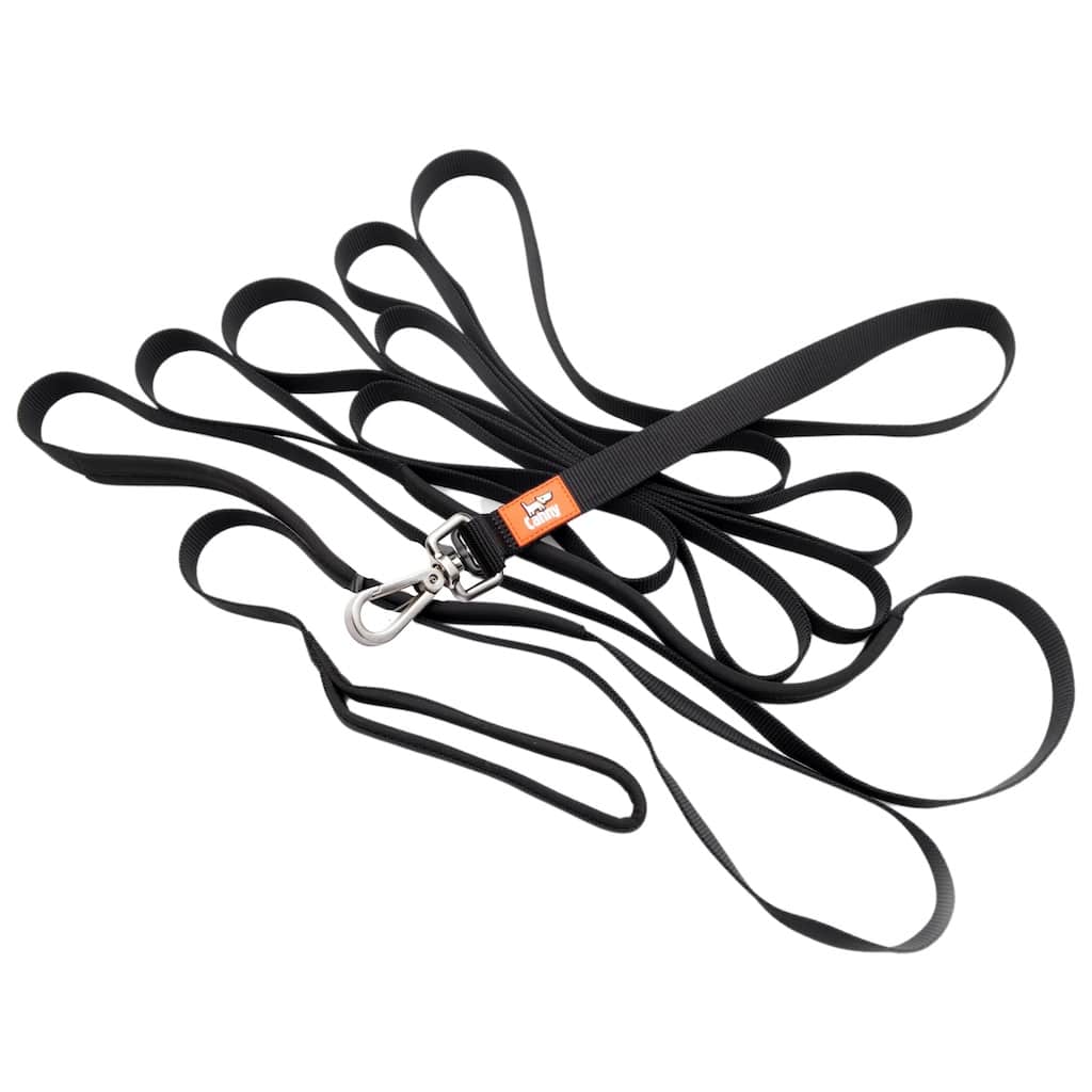 Black Canny Long Training Line, 23 ft by 1 in, with an easy-click brushed steel clip for bigger dogs