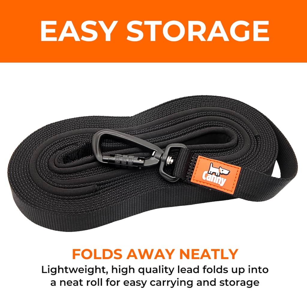 Easy storage of the Canny Long Training Line, a 15 ft or 23 ft recall leash for dogs