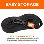 Easy storage of the Canny Long Training Line, a 15 ft or 23 ft recall leash for dogs