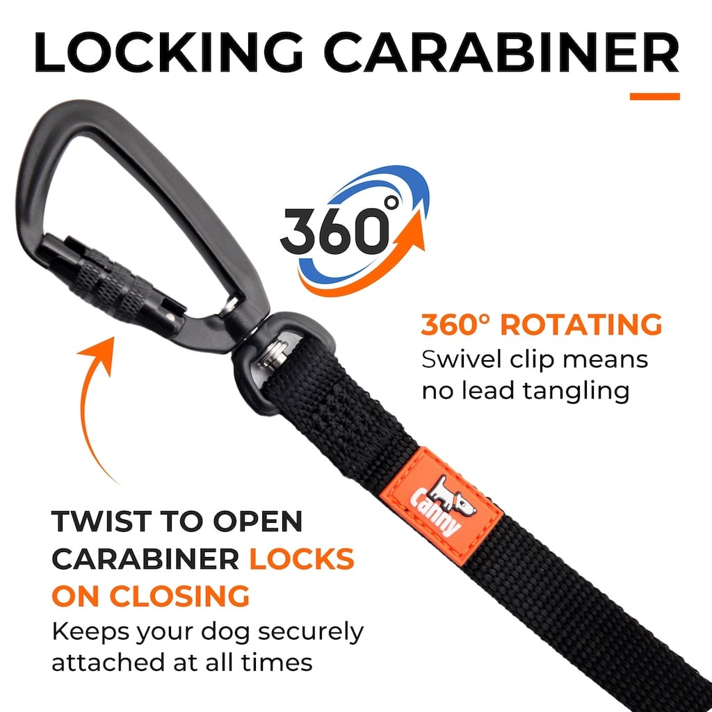 Self-locking aluminum carabiner on the Canny Long Training Line, with 360-degree rotation