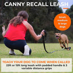 Woman teaching her dog to come when called using the Canny Long Training Line as a recall leash