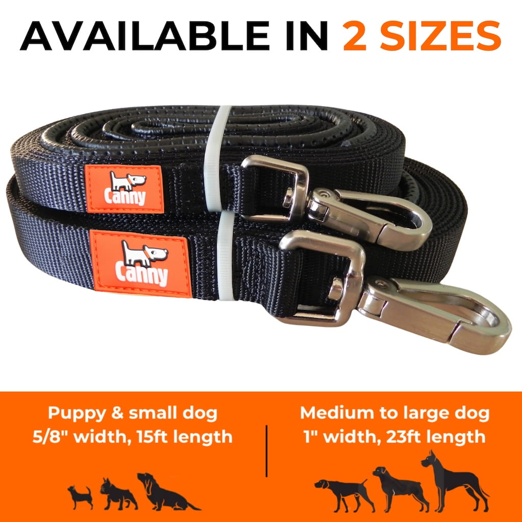 Canny Long Training Line sizes: 15 ft for puppies and small breeds, 23 ft for medium to large dogs