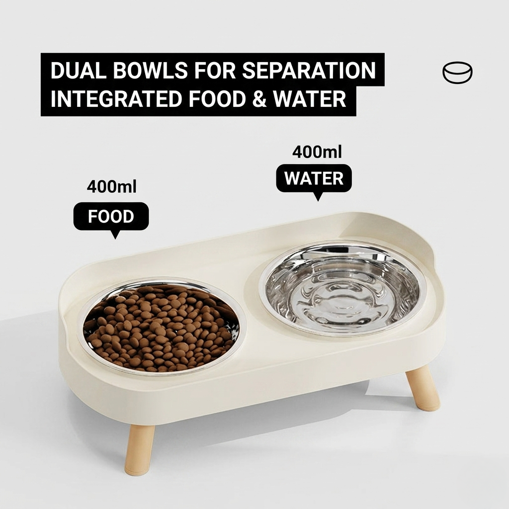 Cat and small dog feeding station with raised food and water bowls on an ABS stand