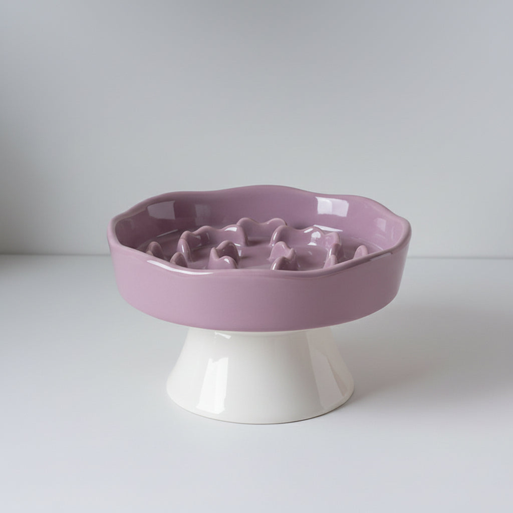 Purple ceramic elevated slow feeder bowl for cats and small to medium dogs