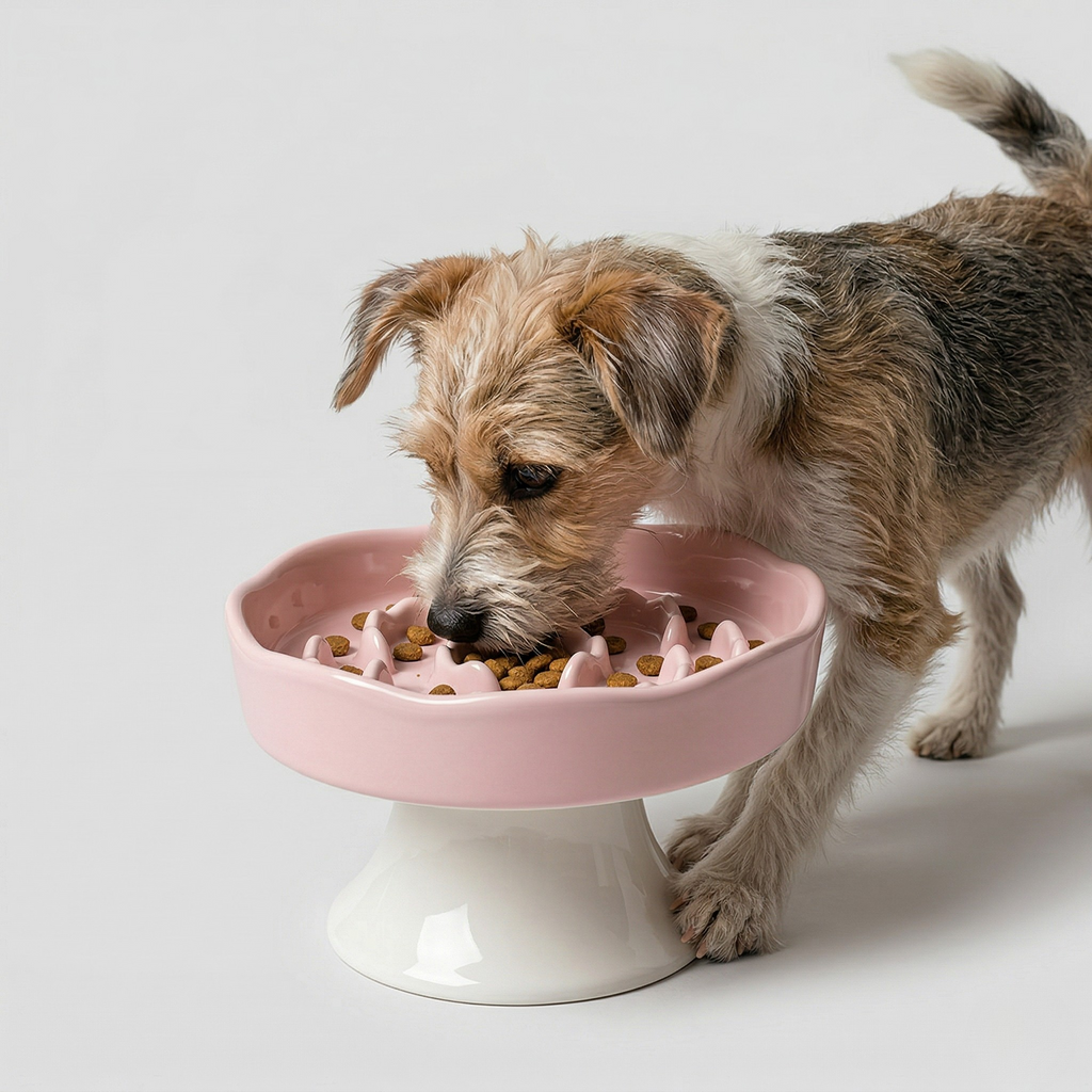Elevated slow feeder bowl made of ceramic for dry or wet food, easy to wipe clean