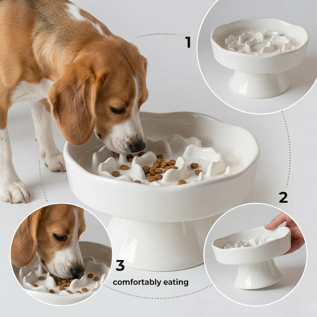 Ceramic elevated slow feeding bowl with a non-slip base for cats and small dogs