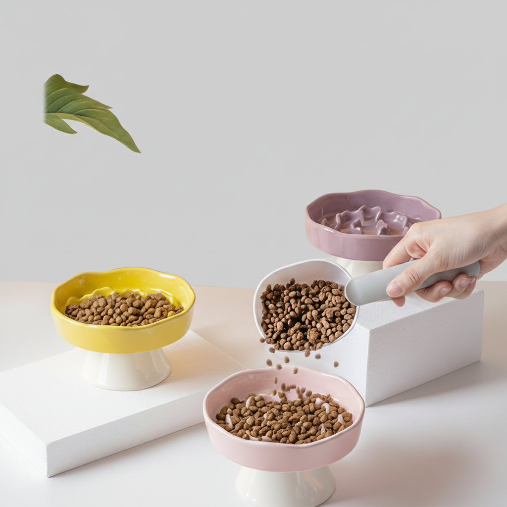 Elevated ceramic slow feed bowl with an anti-tip base that stays steady when nudged