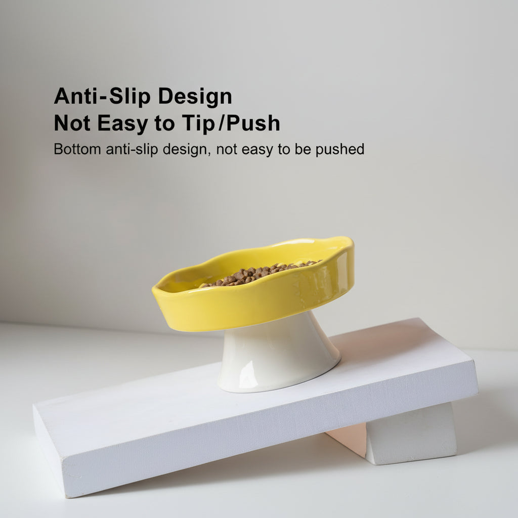 Raised ceramic slow feeder bowl with a high foot so pets bend less at mealtime