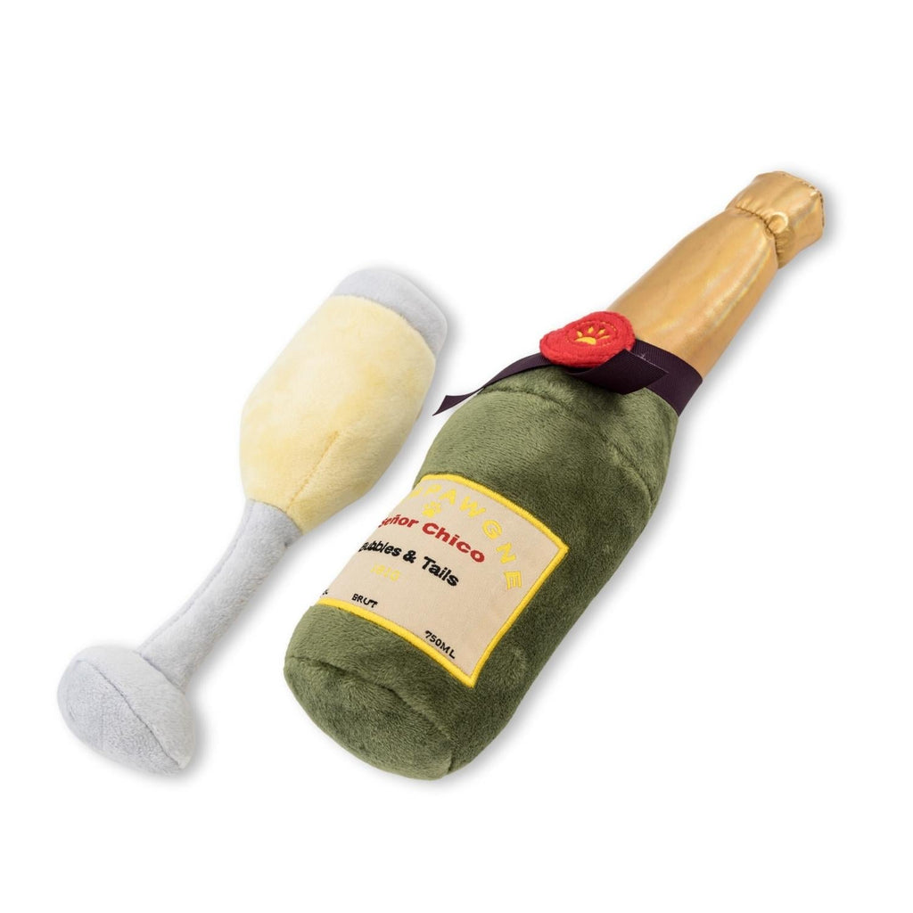 Champawgne Cheers squeaky plush dog toys with stitched seams, a celebration-themed pair