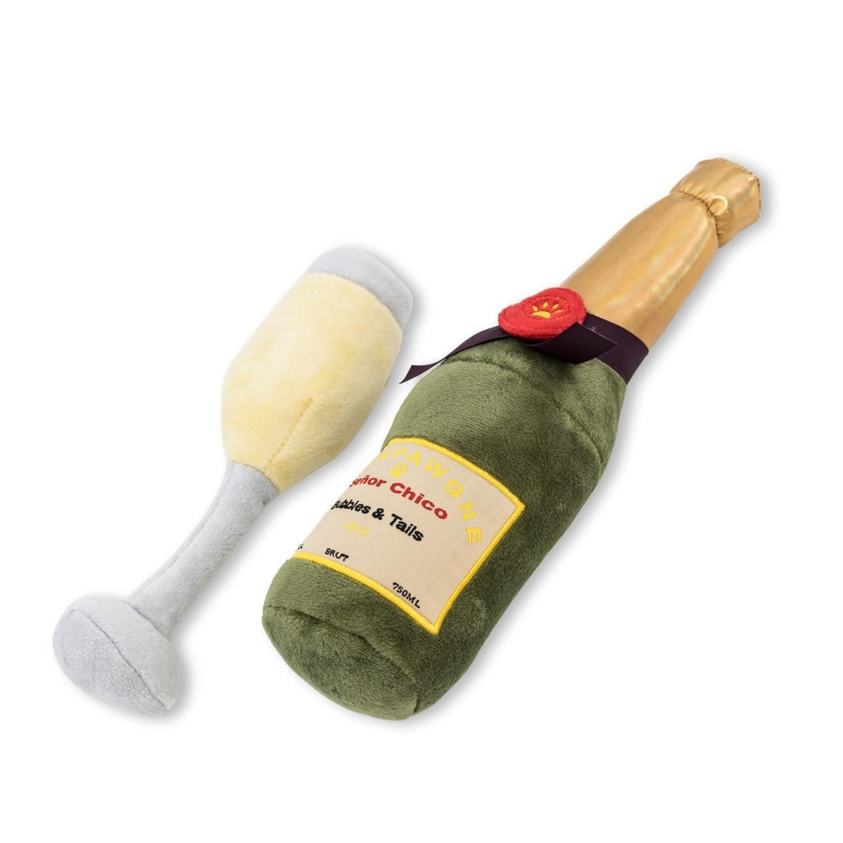 Champawgne Cheers squeaky plush dog toys with stitched seams, a celebration-themed pair