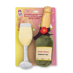 Champawgne Cheers plush dog toy set: a champagne glass and a bottle, each with a squeaker