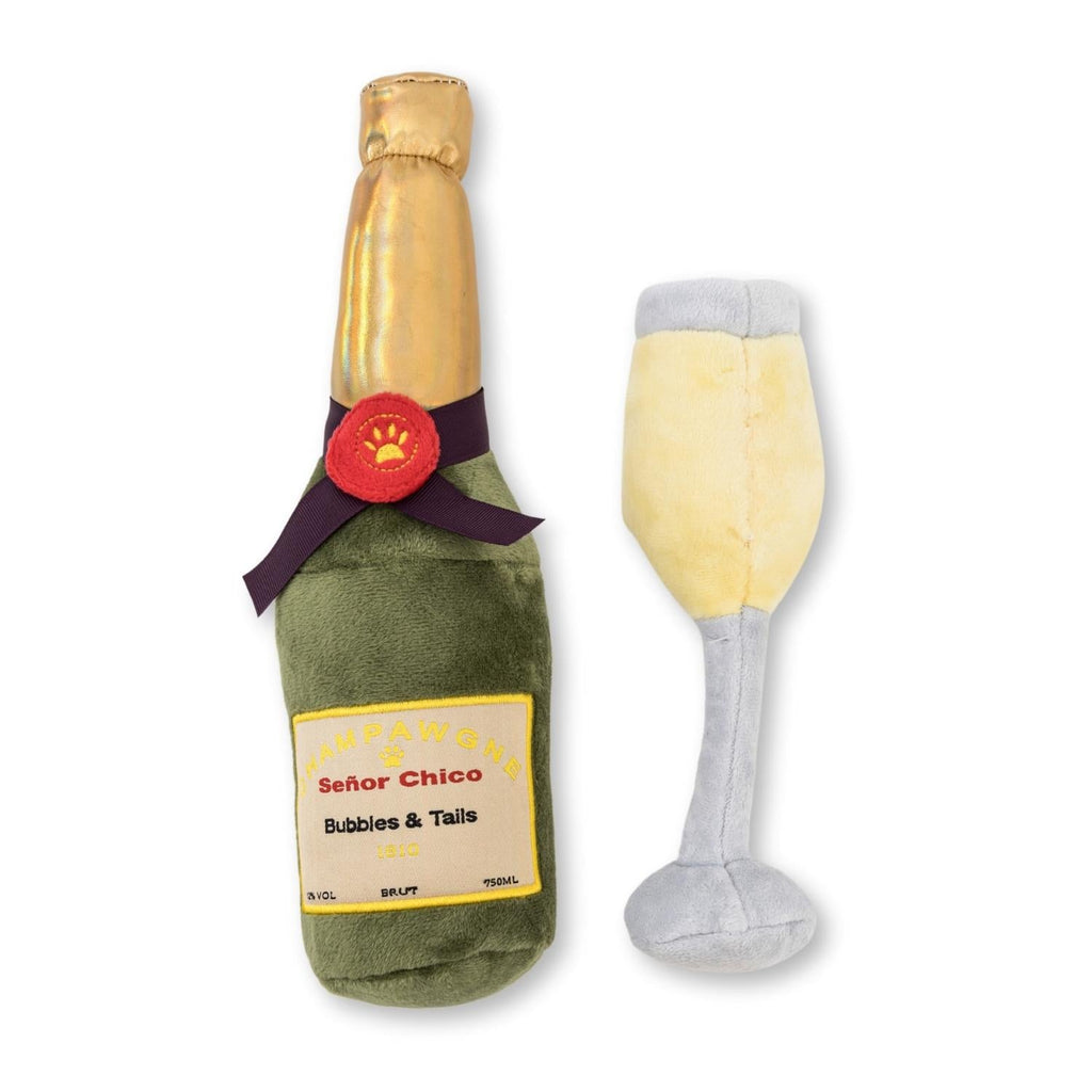Champawgne Cheers set with an 8.7-inch plush glass and a 12-inch plush bottle for dogs