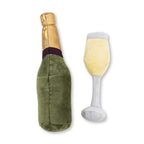 Soft plush glass and bottle dog toys from the Champawgne Cheers set, for fetch and gentle tug